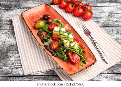 Greek Salad, Greek Salad On A White Background, Side And Top View