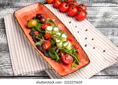 Greek Salad, Greek Salad On A White Background, Side And Top View