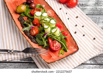 Greek Salad, Greek Salad On A White Background, Side And Top View