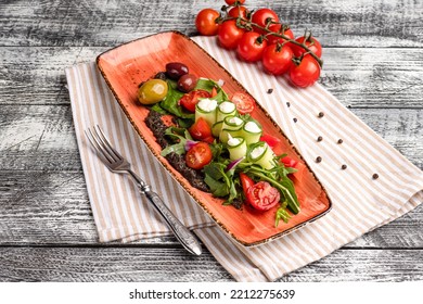 Greek Salad, Greek Salad On A White Background, Side And Top View