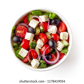 Greek Salad In Paper Bowl For Take Away, Isolated On White Background, Top View