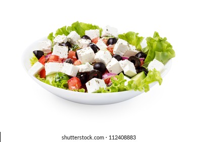 Greek Salad In Plate Isolated On White Background