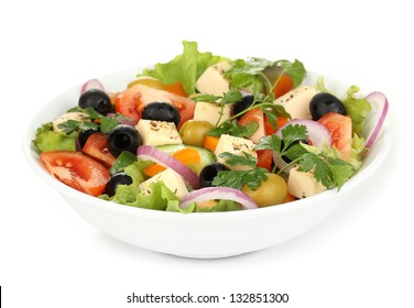 Greek Salad In Plate Isolated On White