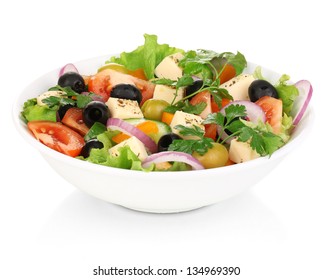 Greek Salad In Plate Isolated On White