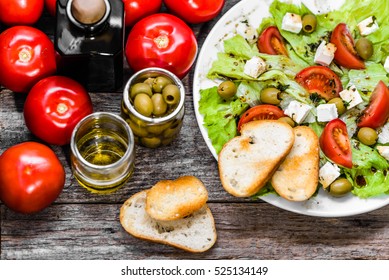 Greek Salad, Vegetable Salads, Overhead On Plate, Healthy Diet, Vegetarian Food Concept