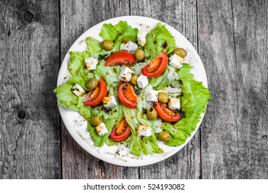 Greek Salad, Vegetarian Vegetable Salads, Overhead On Wooden Rustic Table