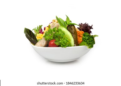 Greek Salat In Bowl, White Background