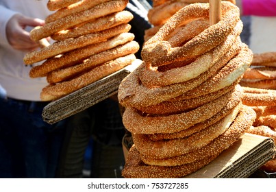 Greek Sesame Bread Rings (Greek Name Is Koulouri Thessalonikis).
Street Food Menu In Greece. 