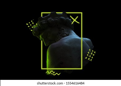 Greek Statue With Green Glowing Doodles And Black Backgrounds