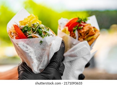 Greek Street Food Gyros In Man Hand Outdoor