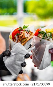 Greek Street Food Gyros In Man Hand Outdoor