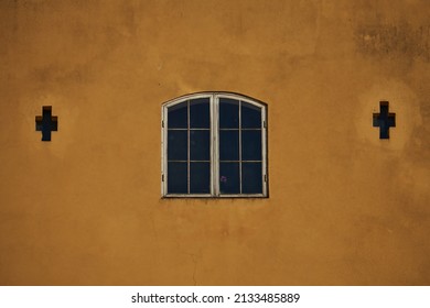 Greek style window on yellow concrete wall color - Shutterstock ID 2133485889