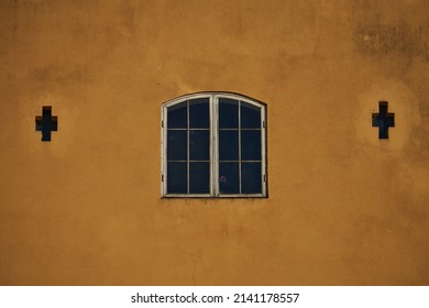 Greek style window on yellow concrete wall color - Shutterstock ID 2141178557