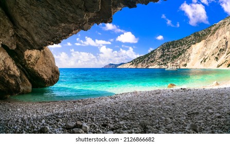 Greek summer holidays. most scenic beach of Cephalonia (Kefalonia) island - Myrtos with crystal clear sea. Ionian islands of Greece