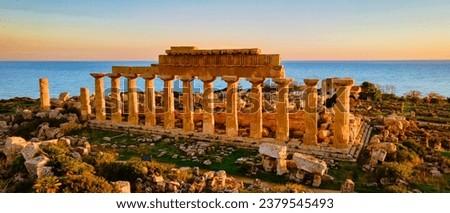 Greek temples at Selinunte, View of the sea, and ruins of Greek columns in Selinunte Archaeological Park Sicily Italy