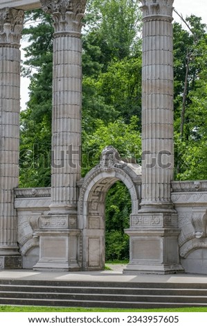 Greek Theatre columns and stage in the forest park of Guild Sculpture Gardens Toronto