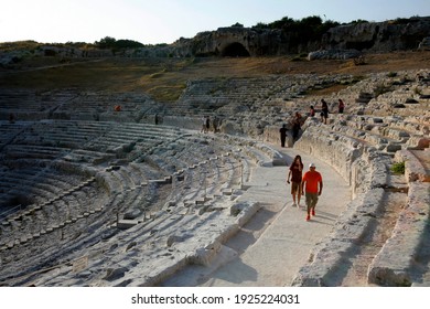 the greek Theatre at the Siracusa Parco archeologico in the old Town of Siracusa in the province of Sicily in Italy.   Italy, Sicily, October, 2014