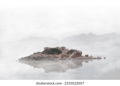 A Greek tiny island, with a great water reflection, lost in the mist, Athens, Greece