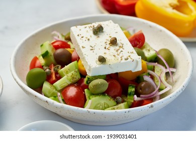 Greek Village Salad Horiatiki With Feta Cheese And Vegetables, Vegeterian Mediterranean Food, Low Calories Keto Dieting Meal, Side View, Close Up