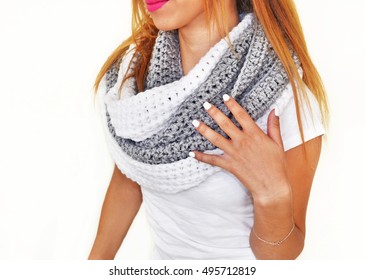 Greek Woman Advertises Crochet Infinity Scarf