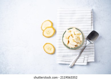 Greek Yogurt Banana Parfait In A Jar. Toning. Selective Focus