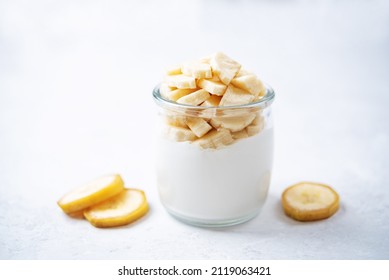 Greek Yogurt Banana Parfait In A Jar. Toning. Selective Focus