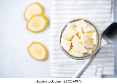 Greek Yogurt Banana Parfait In A Jar. Toning. Selective Focus