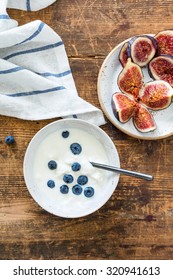 Greek Yogurt With Blueberries, Healthy Breakfast. Top View