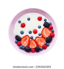 Greek yogurt bowl with fresh berries, strawberry, raspberry, blueberry isolated on white background, top view - Powered by Shutterstock