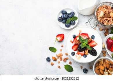 Greek yogurt granola and berry mix. Top view.