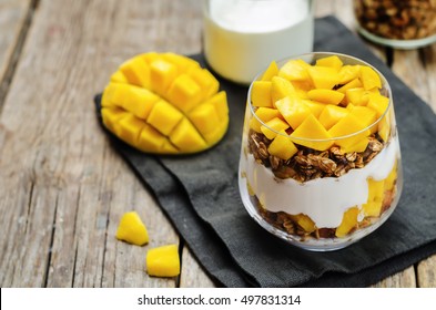 Greek Yogurt Granola Mango Parfait. Toning. Selective Focus