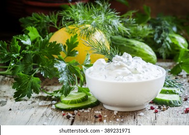 Greek Yogurt Sauce, Cucumber And Herbs, Selective Focus