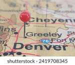 Greeley, Colorado marked by a red map tack. The City of Greeley is the county seat of Weld County, CO.