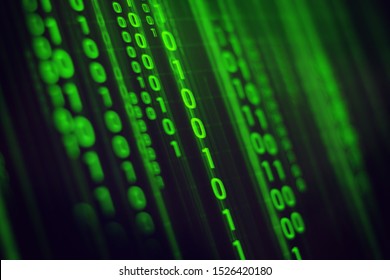 green 01 coding ai computer binary digital network server closeup on screen monitor with pixel, depth of field focus, data processing online internet system grid concept