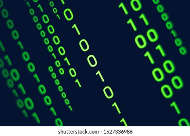 green 01 coding ai computer binary digital network server closeup on screen monitor with pixel, depth of field focus, data processing online internet system grid concept