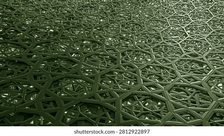 Green abstract background of high-poly atomic surface with chaotic mesh cellular molecular structure. Sci-fi backdrop with polygonal and multi-layered shapes in abstract sci-fi interior. Futuristic design in the field of biomedicine