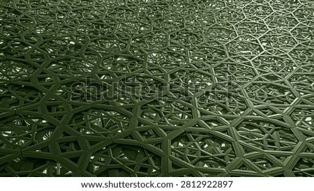 Green abstract background of high-poly atomic surface with chaotic mesh cellular molecular structure. Sci-fi backdrop with polygonal and multi-layered shapes in abstract sci-fi interior. Futuristic design in the field of biomedicine