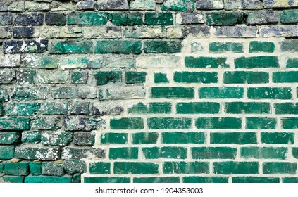 Green Abstract Old Distressed Brick Wall. Colorful Tile Urban Texture Brick Material. Grungy Blue Brickwork Surface. Concrete Plaster Cement Mortar.