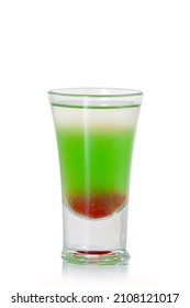 Green Alcoholic Shot Glass With Absent, Irish Cream, Liquor On White Background