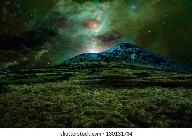 Green alien landscape with mountain in a far away galaxy - elements of this image are furnished by NASA