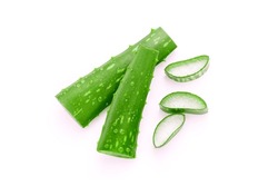 Green Aloe Vera Leaves Has Water Drop And Slice Isolated On White Background , Top View , Flat Lay.