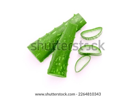 Green aloe vera leaves has water drop and slice isolated on white background , top view , flat lay.