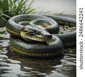 The green anaconda is a giant, green snake found in South America. It