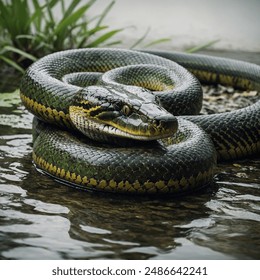 The green anaconda is a giant, green snake found in South America. It's the heaviest snake in the world, and can grow up to 30 feet long! They are constrictors, squeezing their prey to death before sw