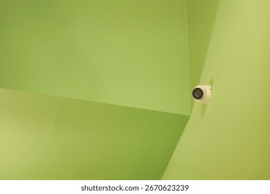 Green angular walls with a security camera in the corner