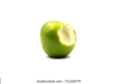 Green Apple With Bite Mark, Isolated On White.