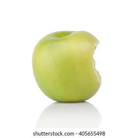 Green Apple With A Bite Mark On A White Background.