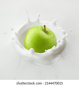 Green Apple Falls Into Milk, Yoghurt, Sour Cream, Splash