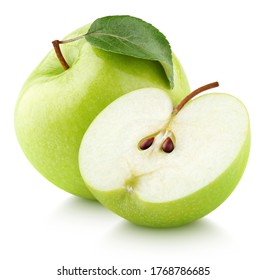 Green apple fruit with green apple half and leaf isolated on white background. Green apples with clipping path. Full Depth of Field