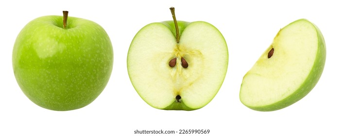 green apple fruit, halves, and slice isolated on white background, fresh green apple fruit, collection. - Shutterstock ID 2265990569
